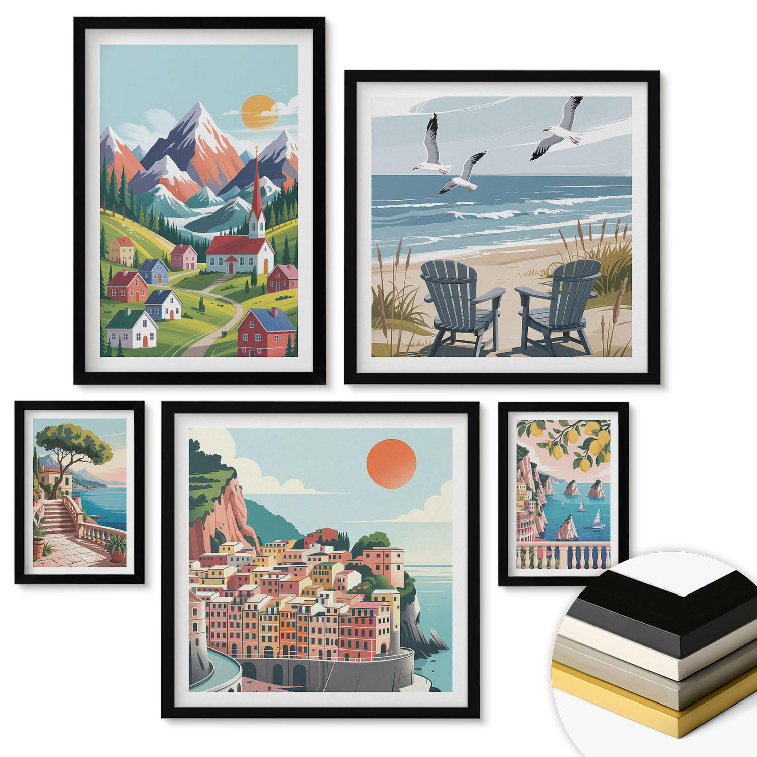 WANDBILDER 5er-Set - 50x50 cm & 20x30 cm & 40x60 cm Schwarzer Rahmen - Pastellfarbene Küstenhäuser - Schwarz, Kunststoff (40/60cm) - ArtPrintCave