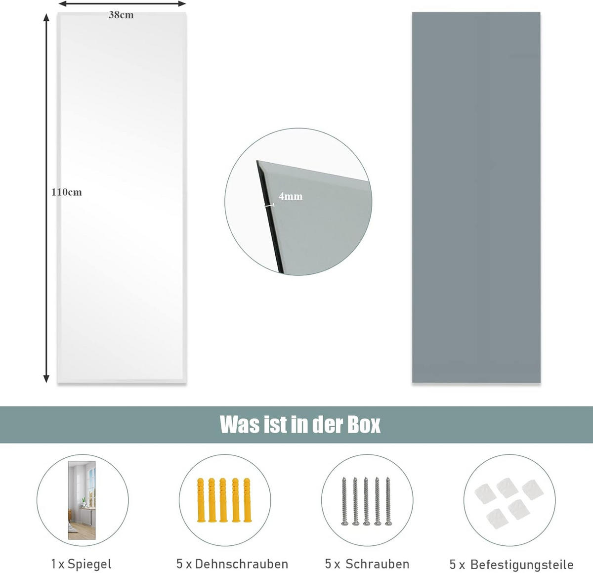GANZKÖRPERSPIEGEL Wandspiegel Silber - Silberfarben, Glas (1/110/38cm) - COSTWAY