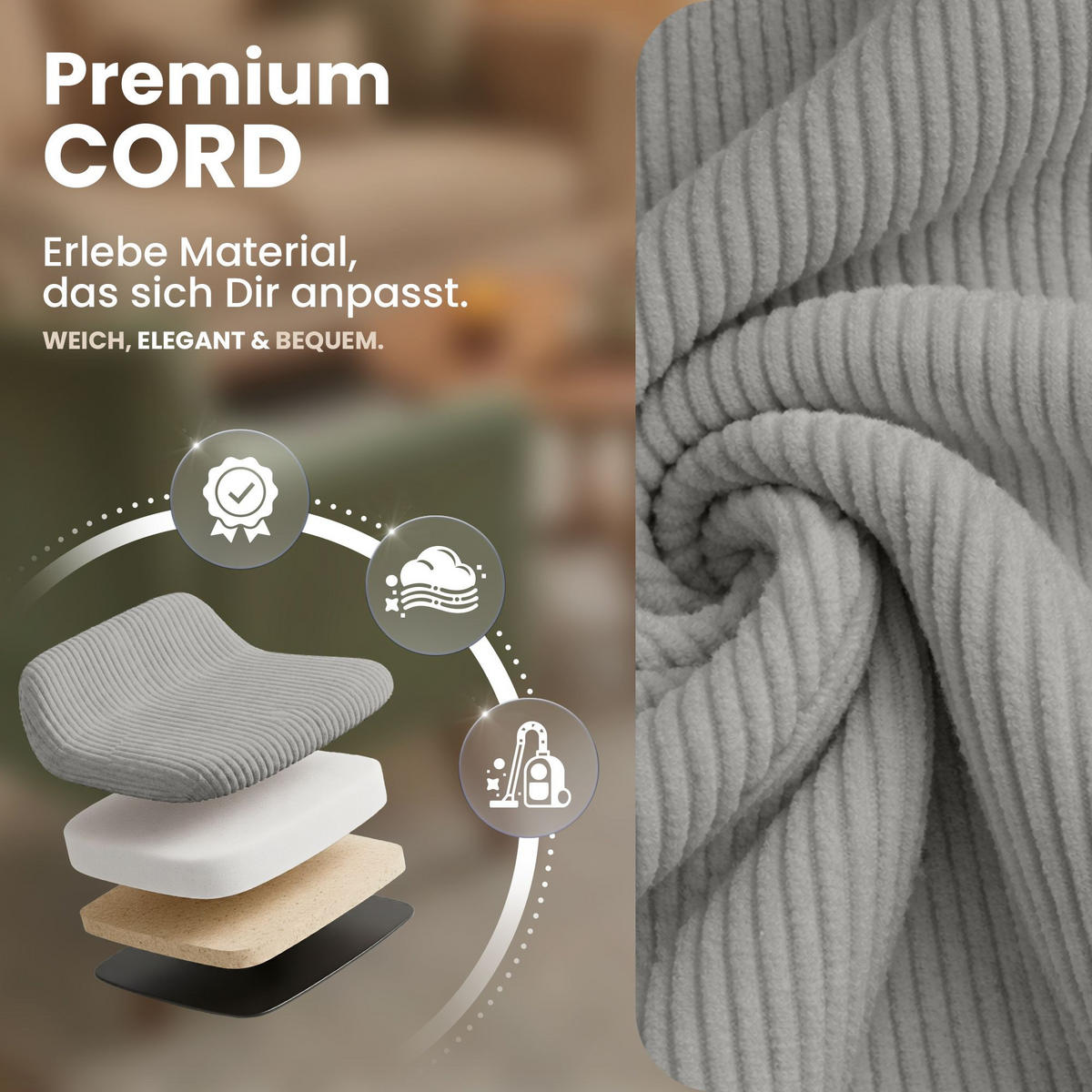 STUHL 4 Cord Grau - Eukalyptusholzfarben/Grau, Holz/Textil (49/83/50cm) - CLP