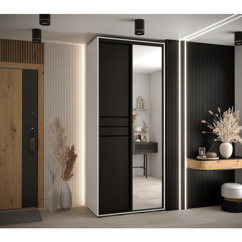 Thumbnail - Abiks Möbel Schwebetürenschrank, Weiß, Schwarz, Schwarz, Metall, Nachbildung, 6 Fächer, 110x235x60 cm, Schlafzimmer, Kle...