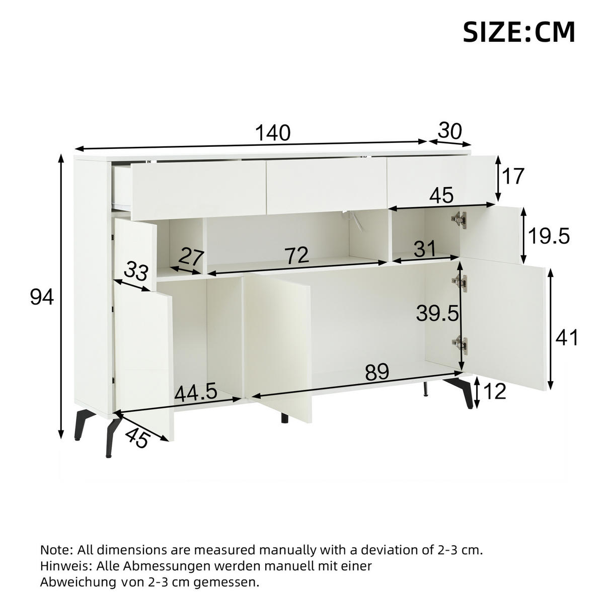 SIDEBOARD 140/30/82 cm aus MDF mit LED-Beleuchtung und Hochglanzfronten Weiß - Weiß, Holzwerkstoff (140/94/30cm) - Modenvie