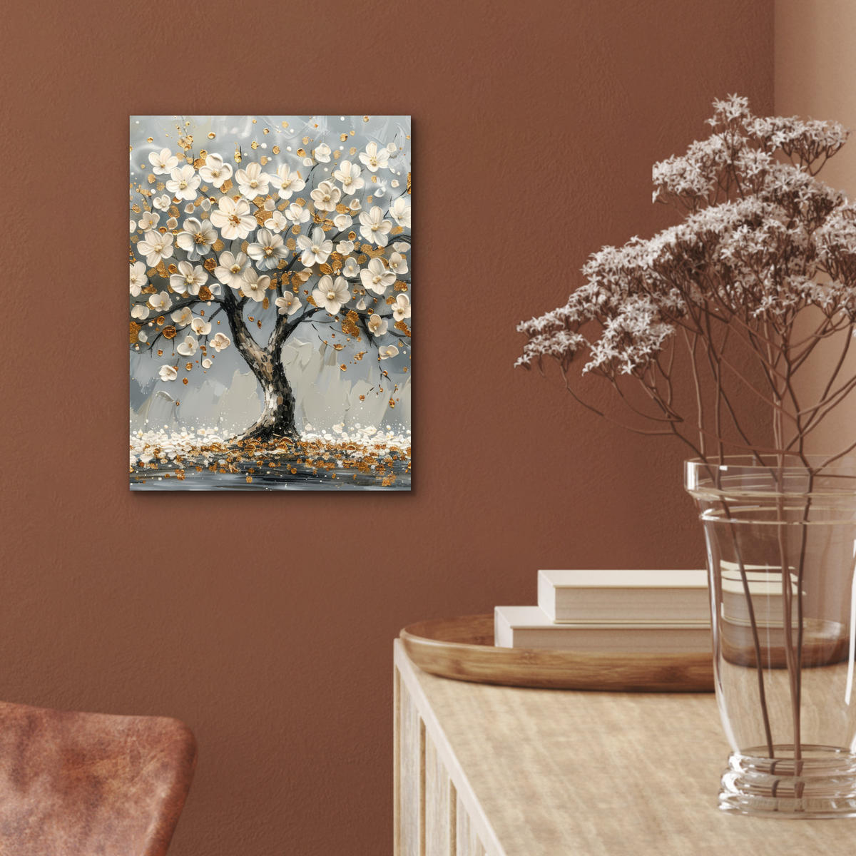 KOVOVÝ OBRAZ Strom - Kvety - Biela - Príroda - Umenie 30x40 cm - biela, kov (30/40cm) - MuchoWow