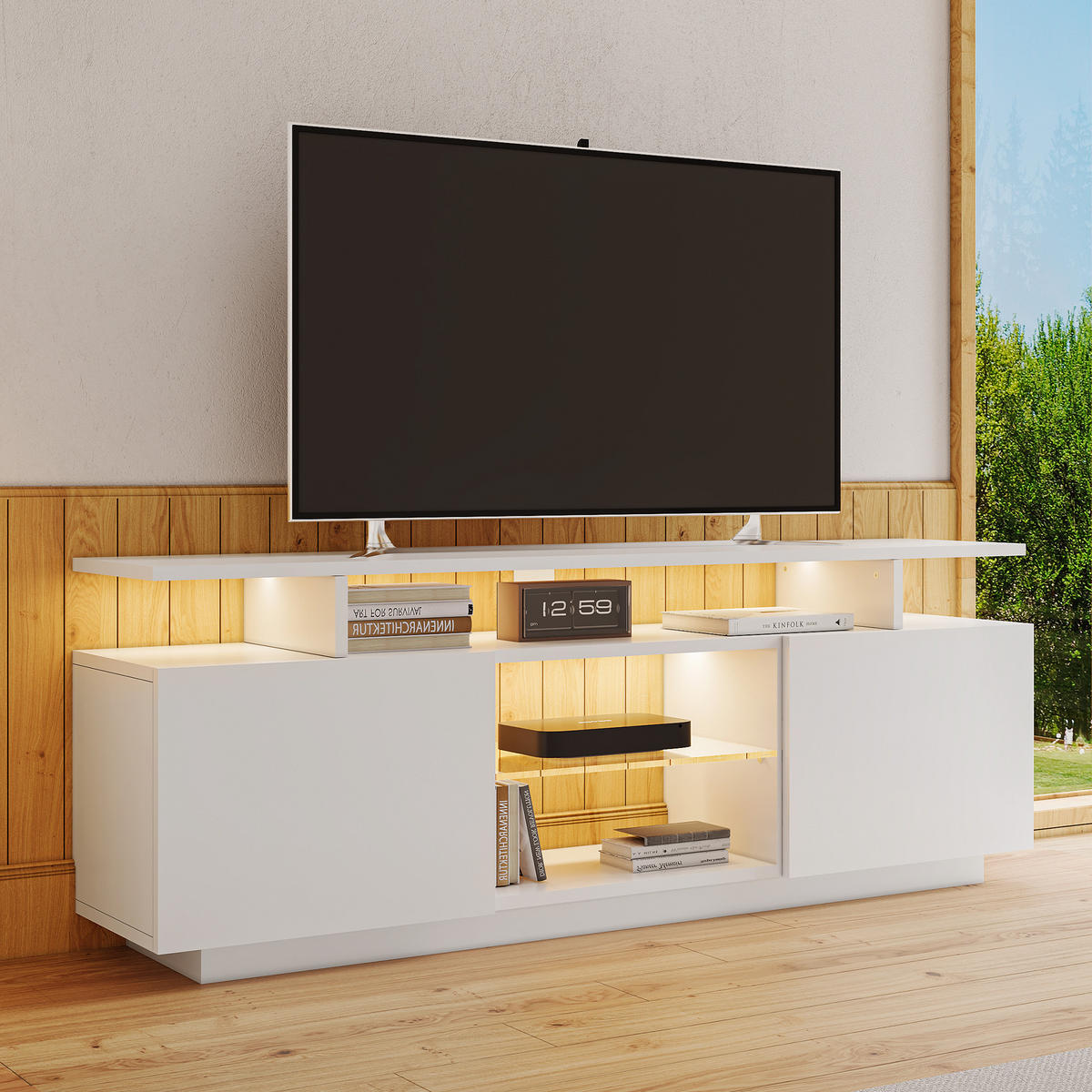 TV-SCHRANK 140cm 16-Farben LED Hochglanz Glasfächer Weiß - Weiß, Holzwerkstoff (35/55/140cm) - FLIEKS