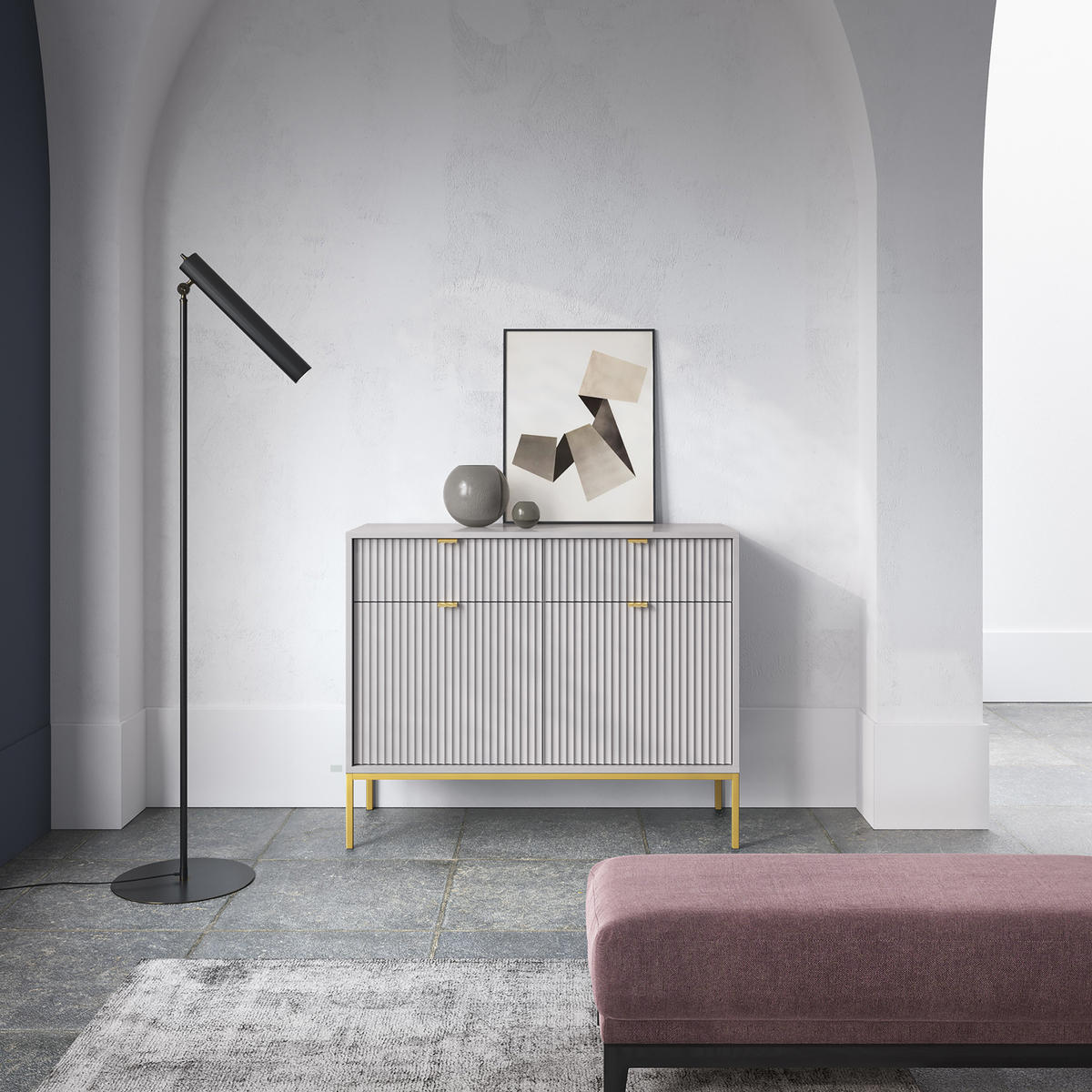 KOMMODE STELLARE 104/83/39 cm mit 2 Schubladen 2 Türen Grau - Goldfarben/Grau, Holzwerkstoff (104/83/39cm) - MASSENO