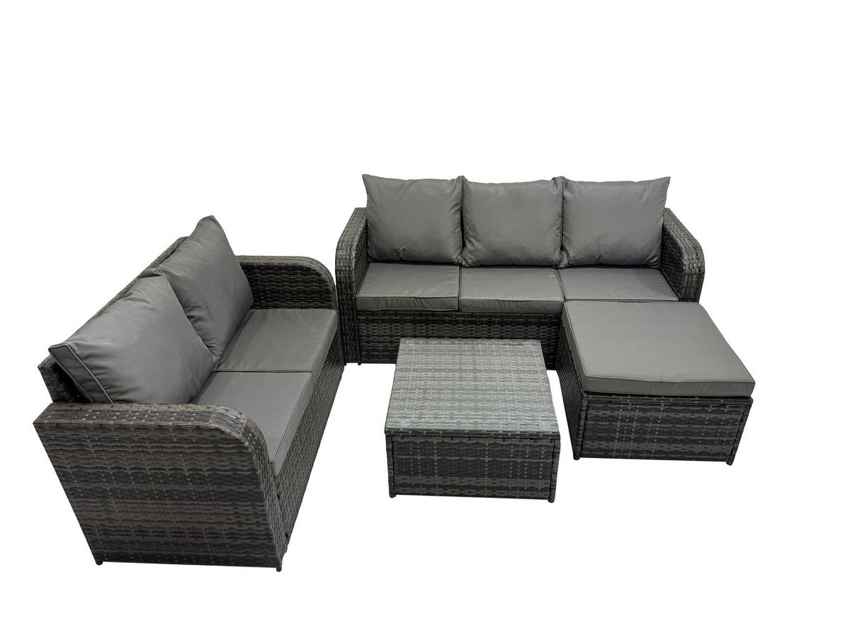 GARTENSOFA SET mit Couchtisch Polyrattan Dunkelgrau 5-teilige - Dunkelgrau/Grau, Glas/Kunststoff - Fimous