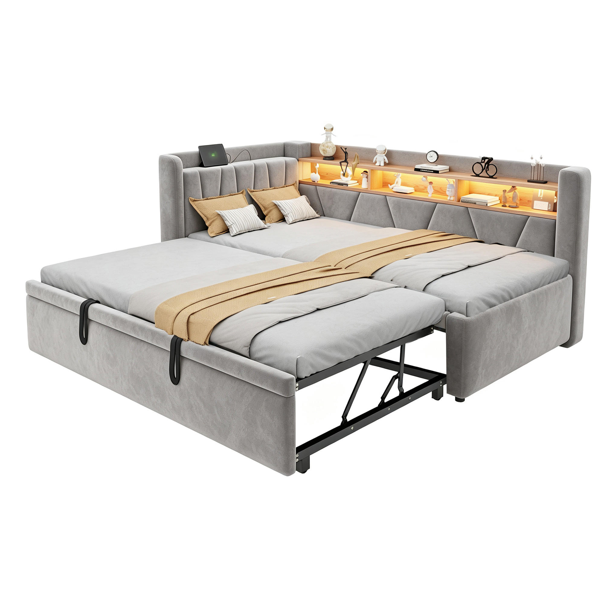TAGESBETT 90x200/90x190 mit LED, USB/Stauraum, 3-in-1 Funktion, Samt, Grau - Grau, Holz (90/200cm) - LVHOM