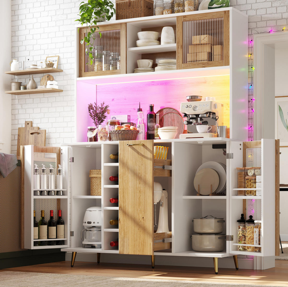 BUFFET 120/170/40 cm Weiß mit Holzdekor aus MDF mit LED-Beleuchtung - Weiß, Holzwerkstoff (40/180/120cm) - OKMYHOME
