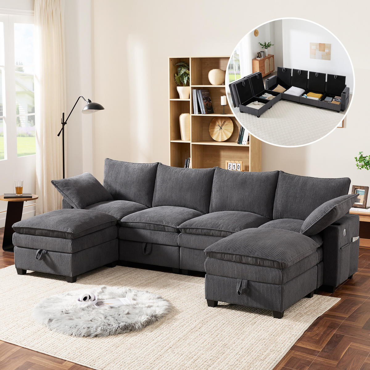 WOHNLANDSCHAFT Cord Grau mit USB, Stauraum und mit Hocker - Grau, Holzwerkstoff/Kunststoff (280/83/150cm) - WISHDOR