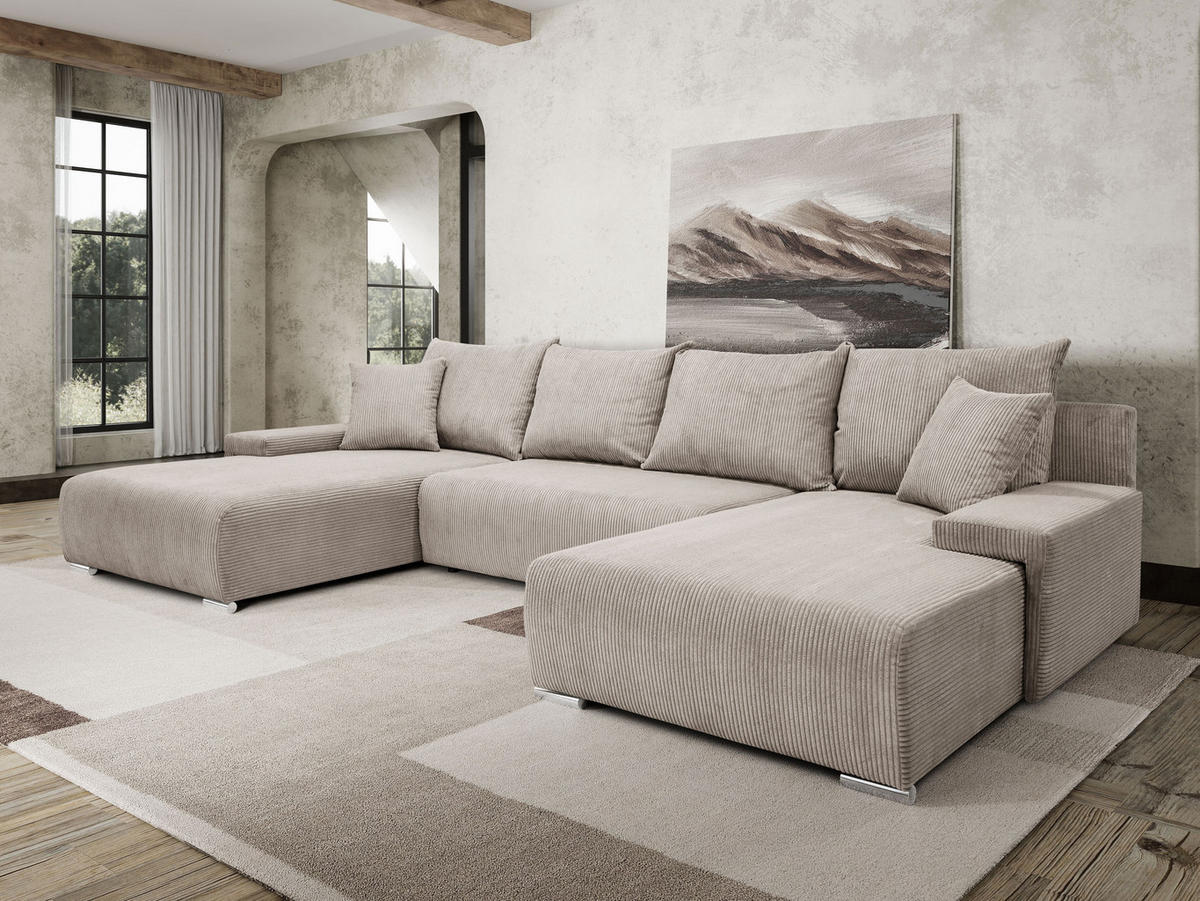 WOHNLANDSCHAFT Lauren in U-Form 348 x 188 cm, 5 Sitzer, Bettzeugablage, Big Sofa, Eckcouch, Cord, beige - Beige, Kunststoff (348/93/188cm) - Margaret Hadas24