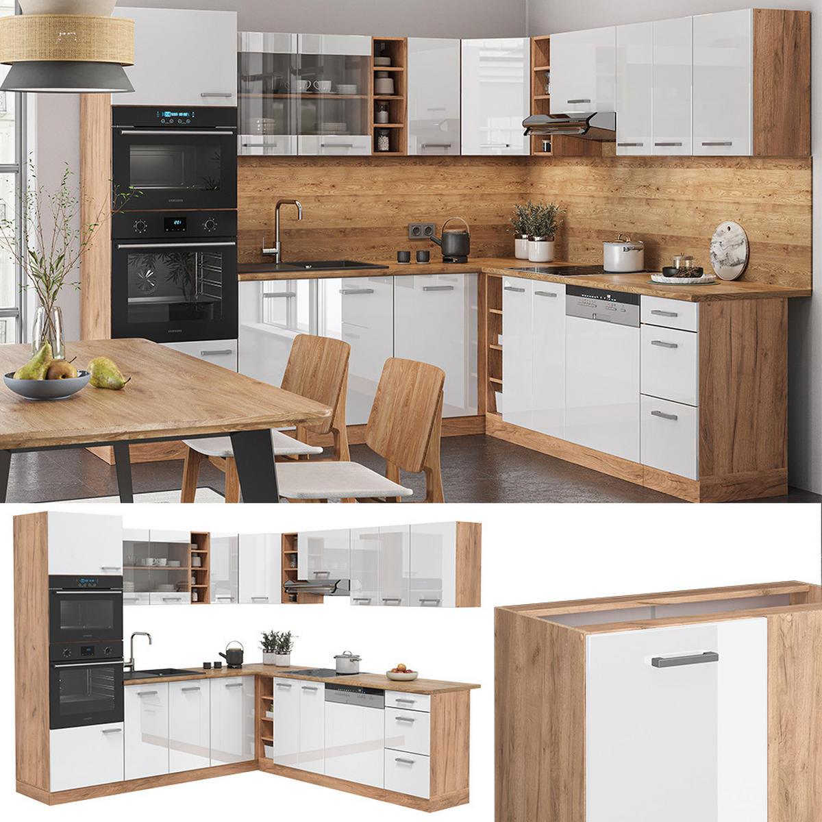 ECKKÜCHE R-Line Weiß Hochglanz/Goldkraft Eiche 237 x 60 cm ohne AP - Weiß Hochglanz/Eiche Wotan, Holzwerkstoff (247/81.6/46cm) - Vicco