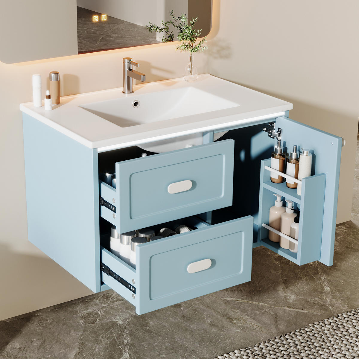 BADEZIMMER-HÄNGESCHRANK 76x46x51 cm Blau aus Keramik & Spanplatte mit Radar-Sensor-LED & 2 Schubladen - Blau, Holzwerkstoff (76/51/46cm) - Modfu