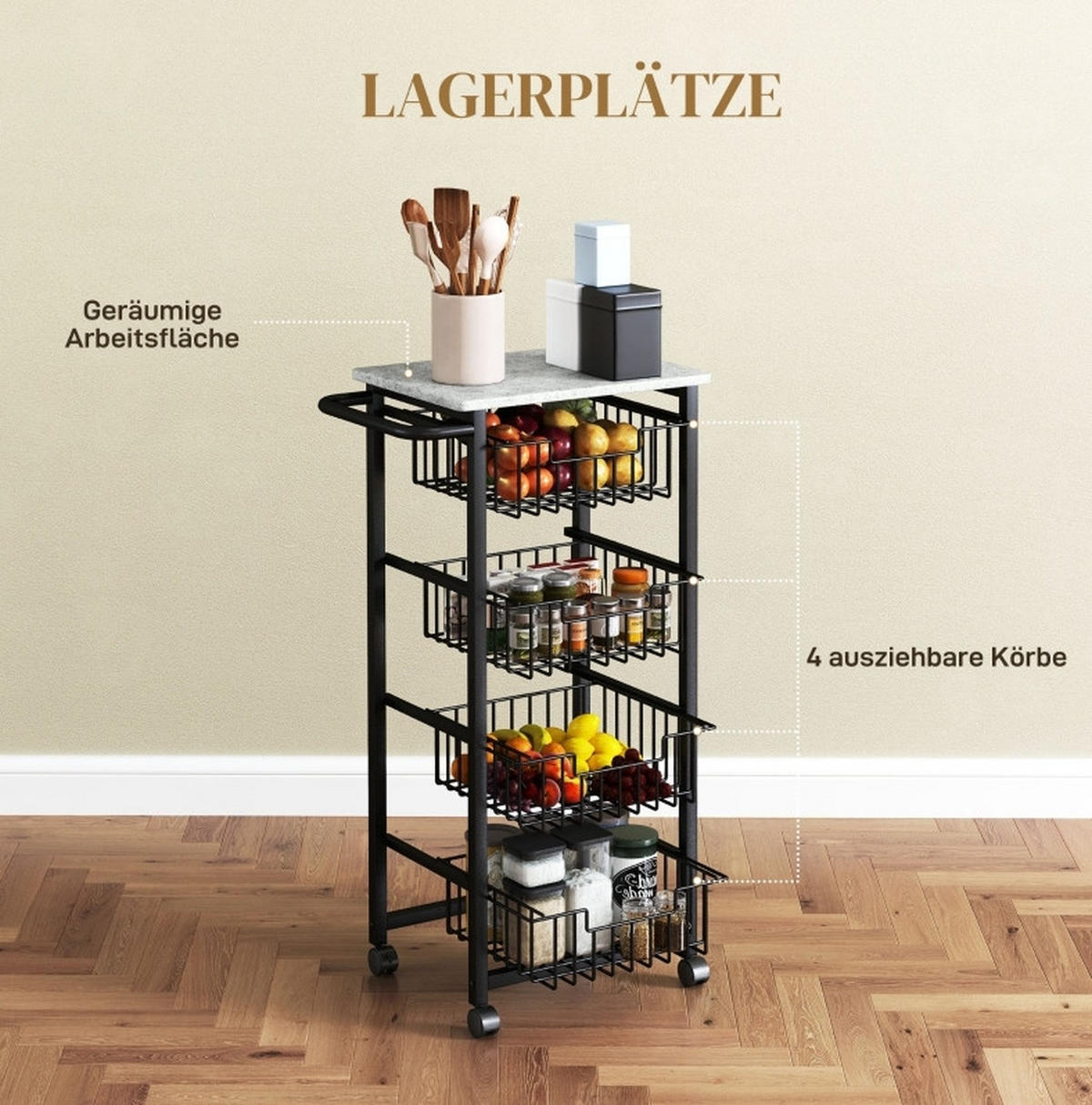 KÜCHENINSEL 49,5/31/91 cm mit 4 herausziehbaren Körben und Rollen, Holzwerkstoff & Stahl, Hellgrau - Grau, Holz (49.5/91/31cm) - Redom