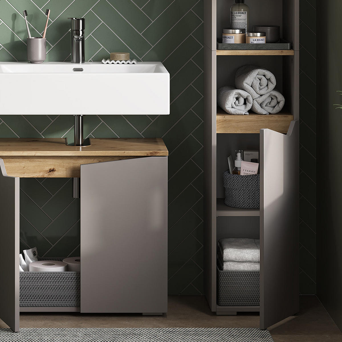 BADSCHRANK Marelle Greige 30 x 180 cm mit Türen, und offenen Fächern - Greige, Holzwerkstoff (30/180/35cm) - Vicco