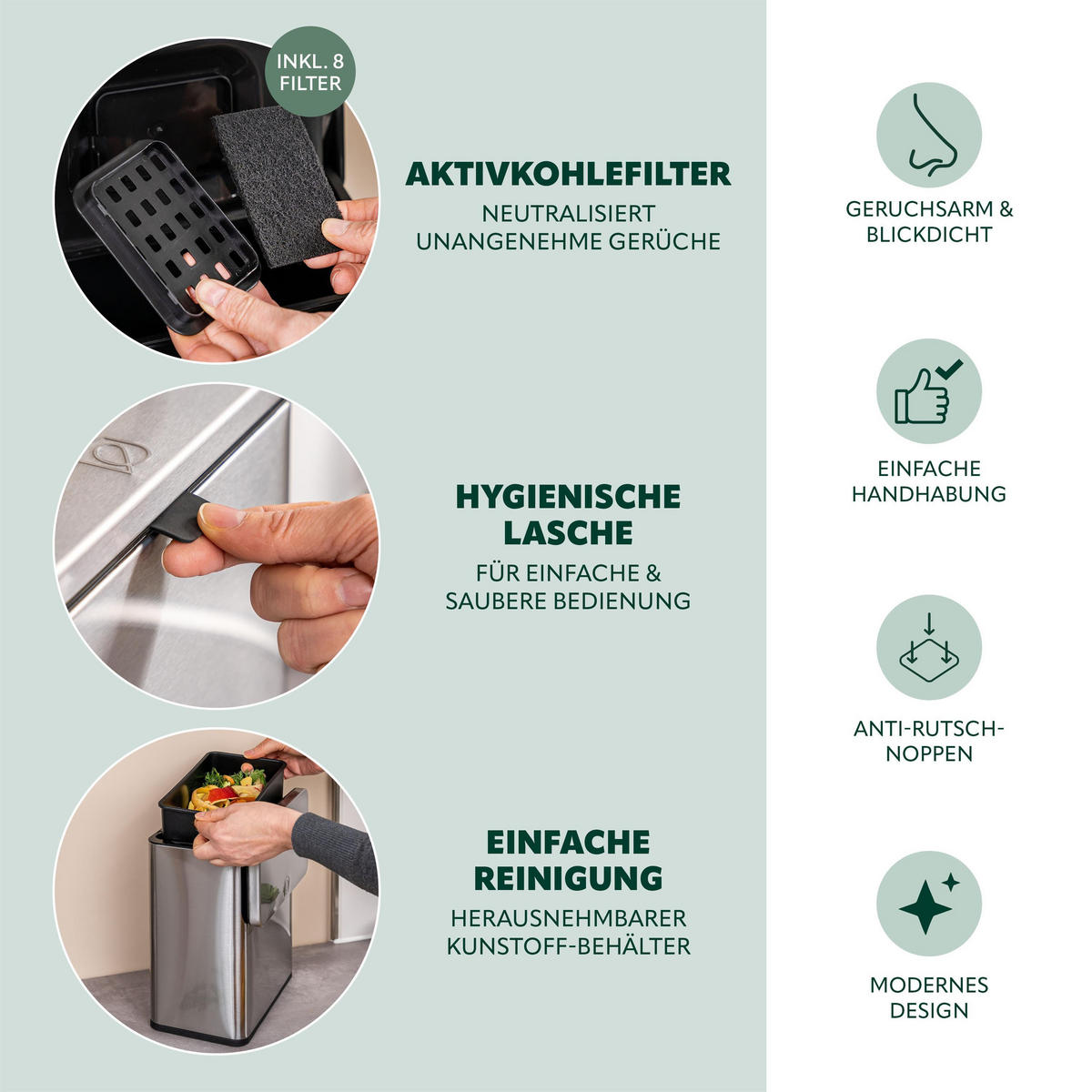 BIOMÜLLEIMER 6L, silber - Edelstahlfarben, Metall (26/29.5/14cm) - eluno