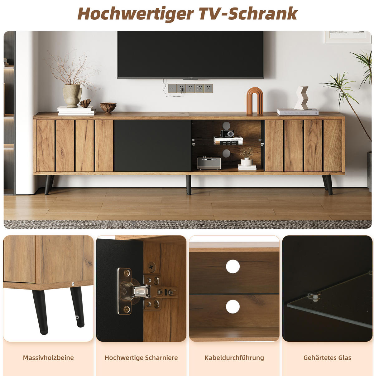 TV-LOWBOARD aus Spanplatte 175x31,5x45 cm Schwarz/Natur mit 3 Türen für Fernseher bis 75 Zoll - Hellbraun, Holzwerkstoff (175/45/31.5cm) - IVMEU