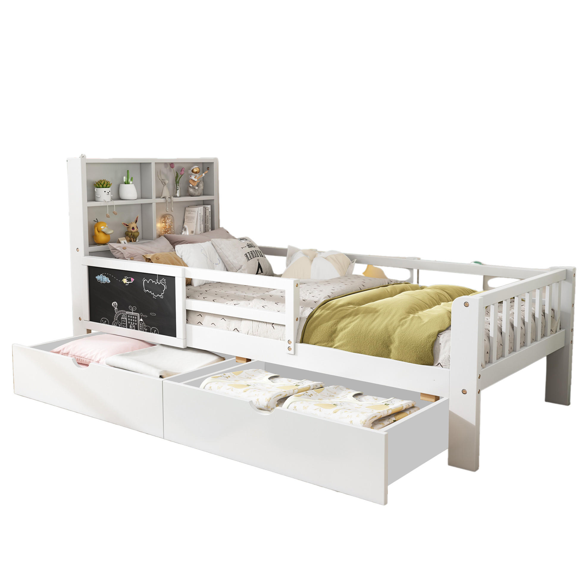 KINDERBETT Liegefläche 90/200 cm in Weiß mit Schubladen und Sicherheitsleiste - Weiß, Holz (90/200cm) - BEAOK