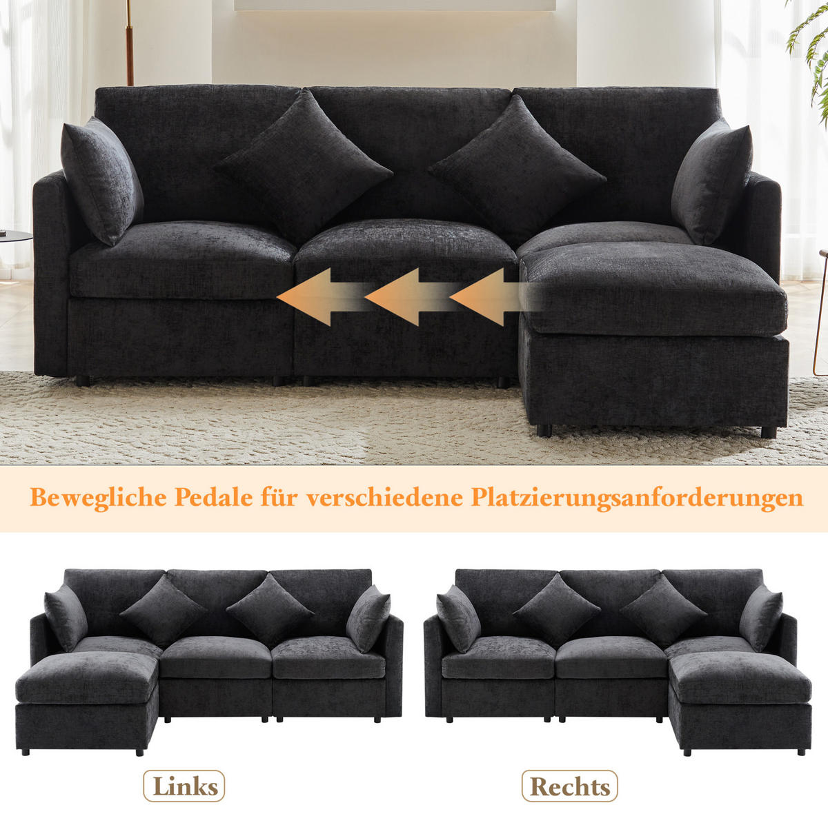 ECKSOFA 216/161/81 cm grau aus Chenille modular mit Hocker - Grau, Textil (161/216cm) - OKMYHOME
