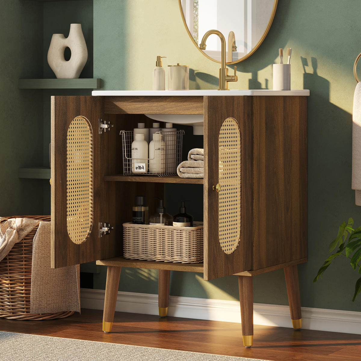 BADEZIMMERSCHRANK Rattan Türen Keramik Waschbecken Stauraum 61cm - Walnussfarben, Keramik (61/89/47cm) - FLIEKS