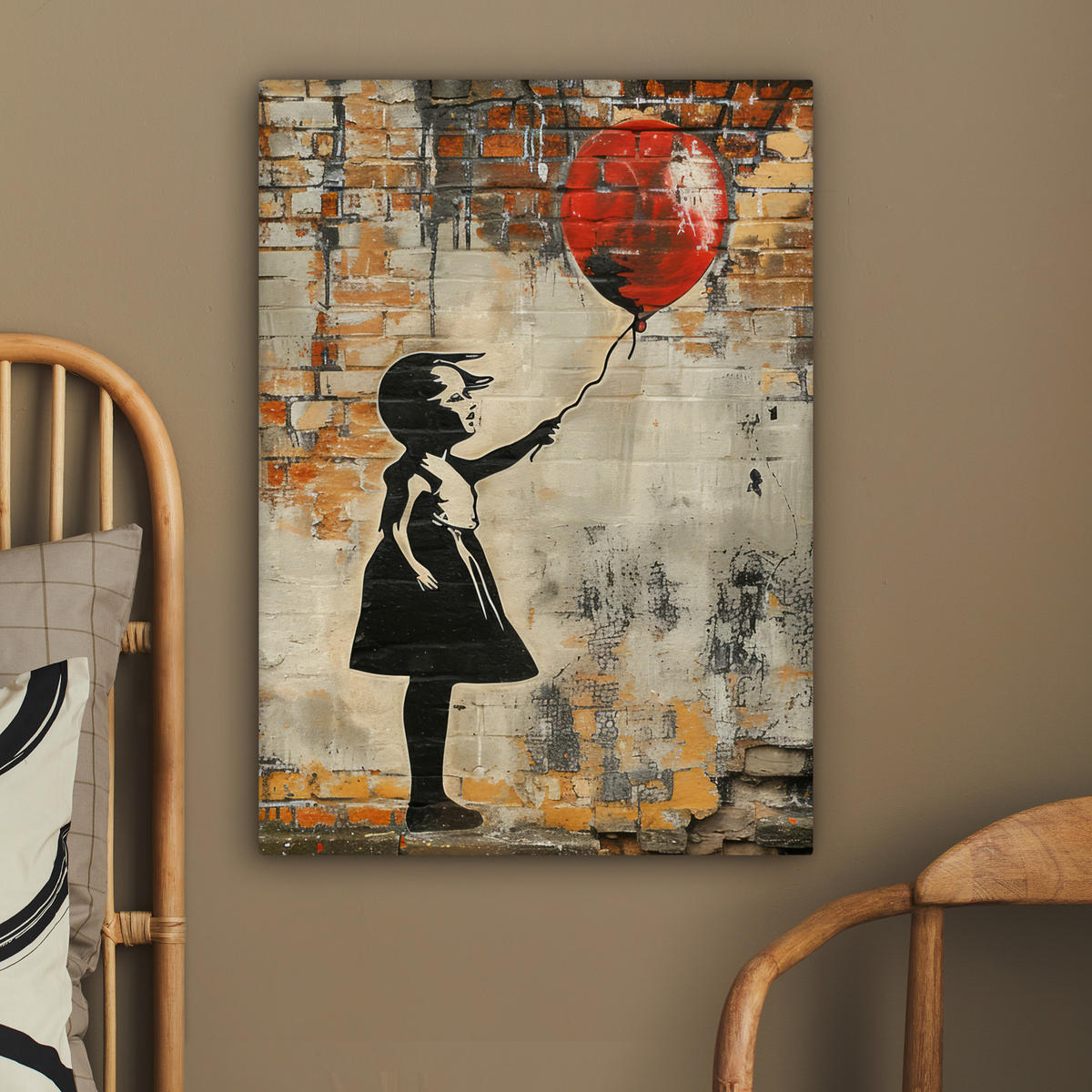 LEINWANDBILD Graffiti - Banksy - Mädchen - Straßenkunst 60x80 cm - Sandfarben, Textil (60/80cm) - MuchoWow