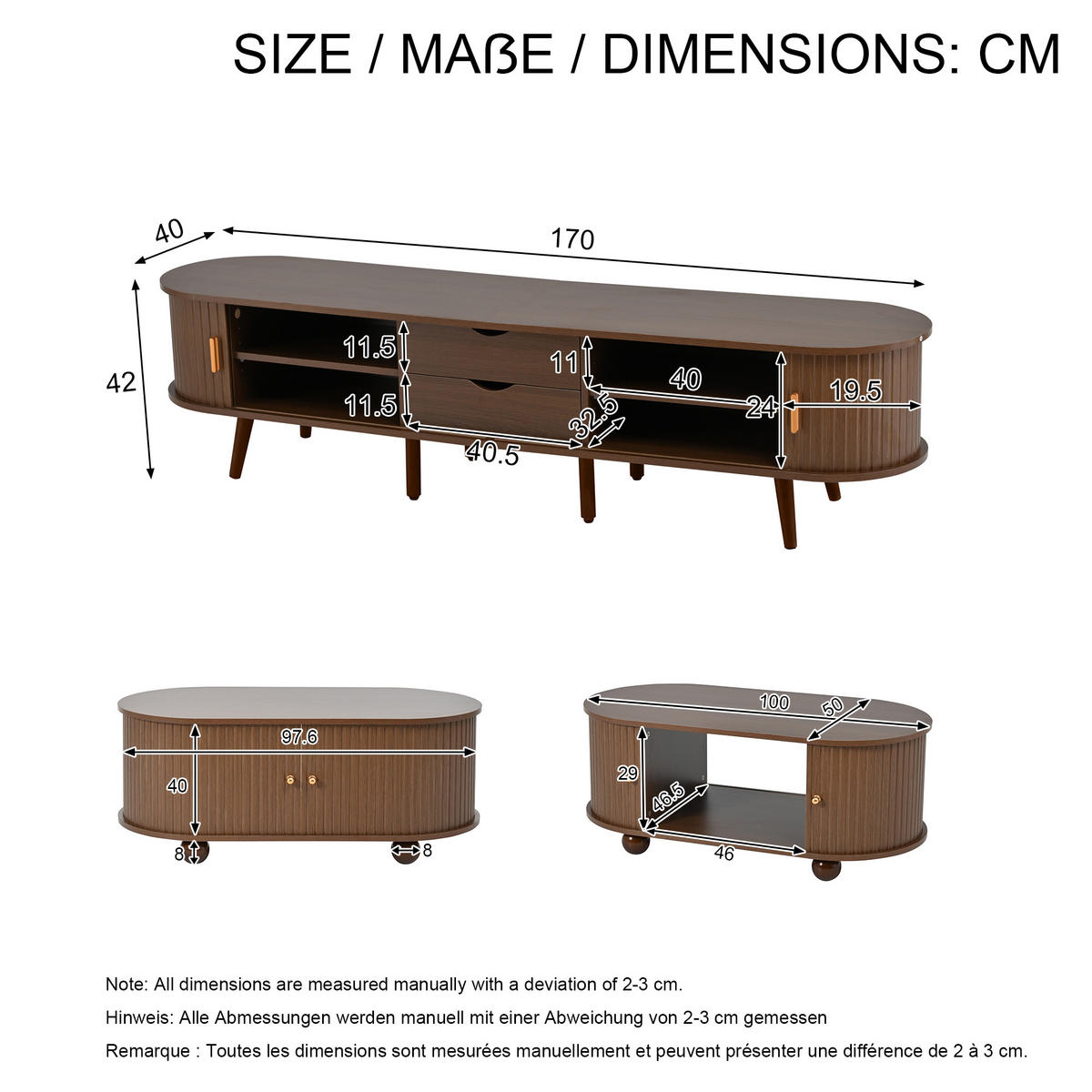 WOHNWAND mit Couchtisch Stauraum Doppelschubladen offenen Regalen MDF Walnuss Design 2 St. - Walnussfarben, Holz/Holzwerkstoff (170/42/40cm) - EVRYAE
