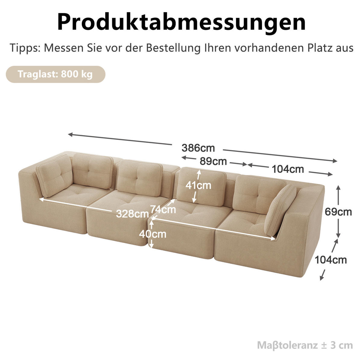 SOFA in Beige aus Cord mit modularem Design und rutschfestem Stand - Beige, Textil (104/69/386cm) - Flora Grace