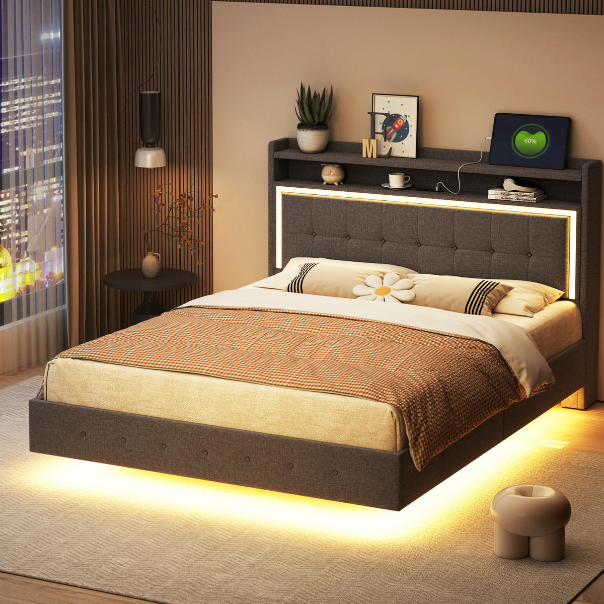 ČALÚNENÁ posteľ z ľanovej tkaniny 140x200 cm sivá s USB zásuvkou, LED osvetlením a skrytými nohami - sivá, textil (140/200cm) - Modfu