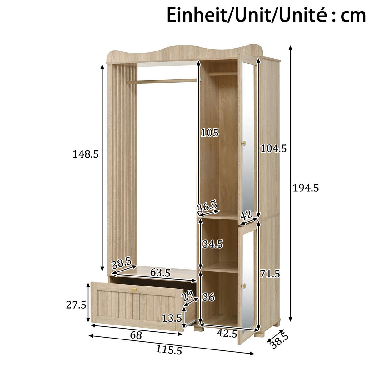 GARDEROBENSCHRANK 115,5/38,5/194,5 cm mit Spiegel, offener Kleiderstange und Schublade, Eichefarben - Eichefarben, Holzwerkstoff (115.5/194.5/38.5cm) - Redom