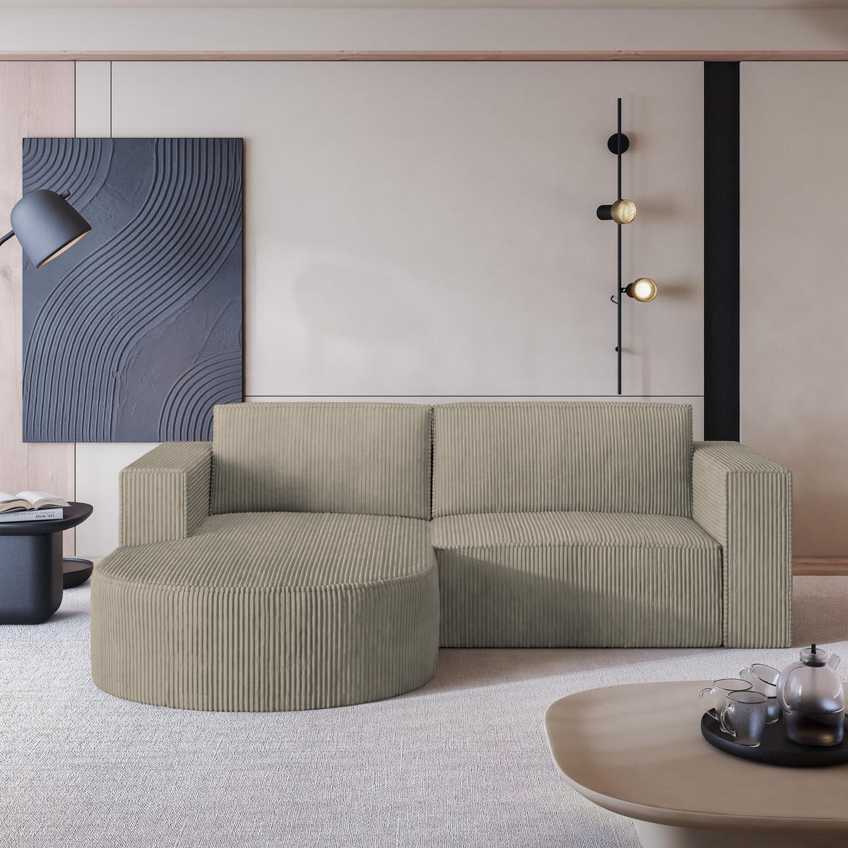 ECKSOFA SORELA P L-S Beige Kordstoff mit Schlaffunktion - Beige, Holz (263/174cm) - MASSENO