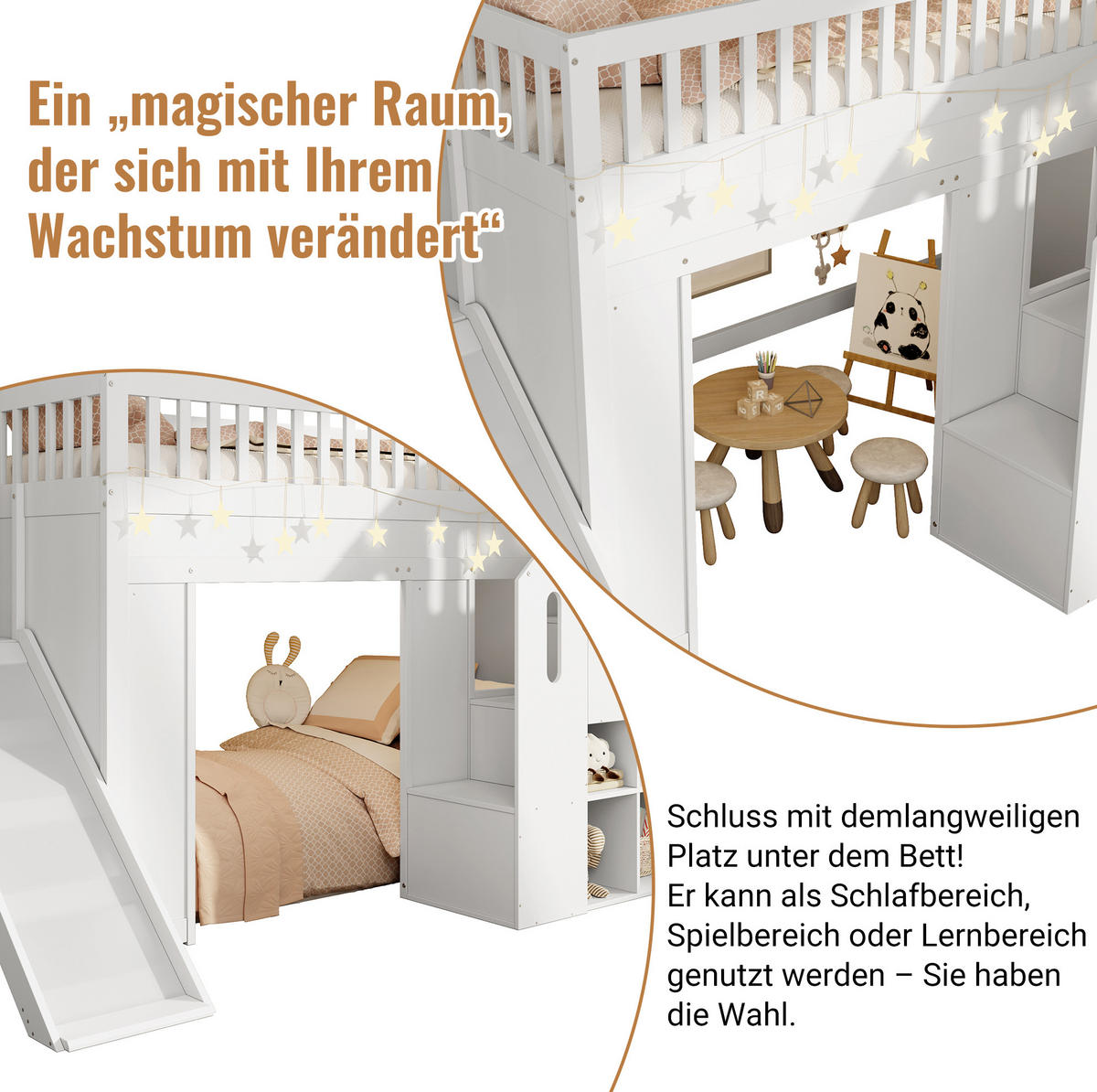 VISOKA postelja 90/200 cm bela z drsnikom, stopnicami za shranjevanje in LED-osvetlitvijo iz borovine in MDF - bela, leseni material (90/200cm) - OKWISH