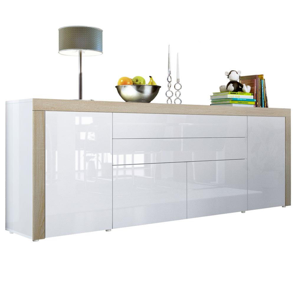 Vladon SIDEBOARD Weiß Hochglanz, Beige 200cm × 35cm × 72cm
