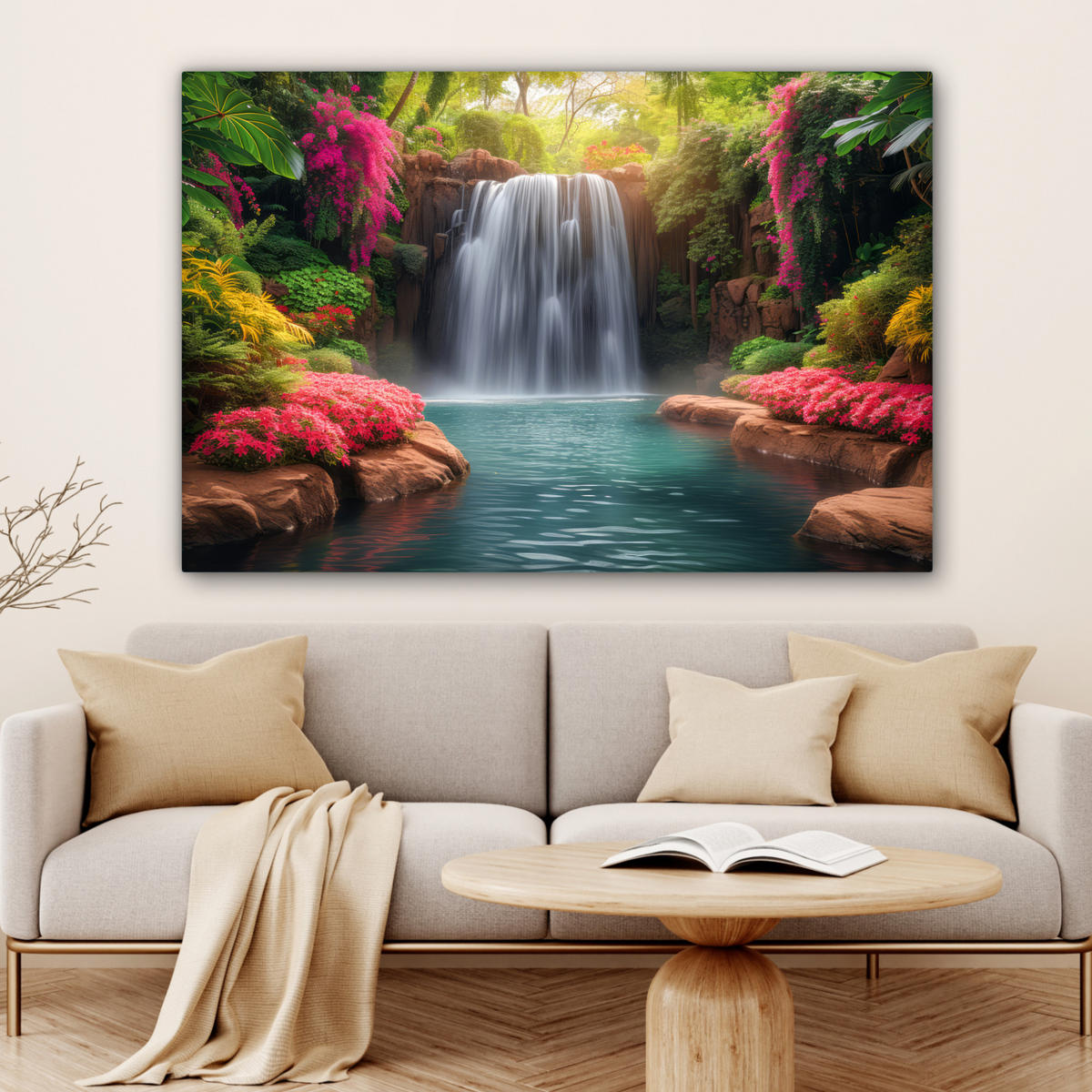 LEINWANDBILD Wasserfall - Natur - Pflanzen - Dschungel - Wasser Wohnzimmer Groß 120x80 cm - Grün, Textil (120/80cm) - MuchoWow