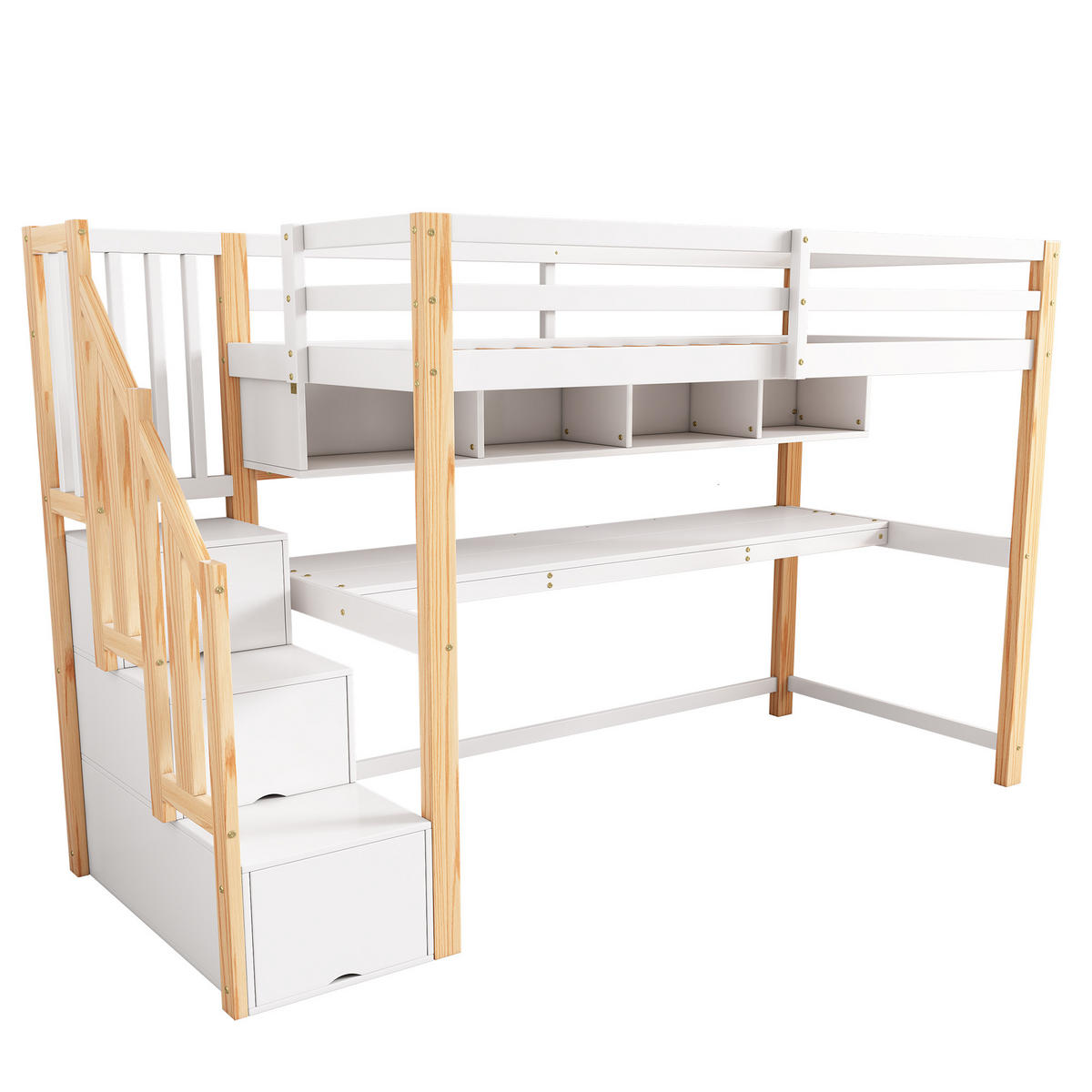 HOCHBETT 90x200cm mit großen Schreibtisch in natürlich und wei - Naturfarben, Holz (90/200cm) - KOMHTOM