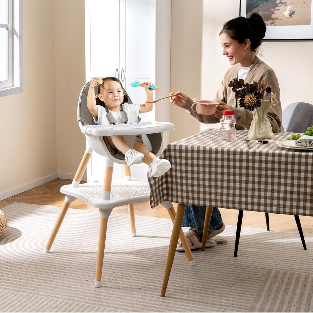 KINDERHOCHSTUHL mit Bausteintisch grau - Grau, Kunststoff (62/100/62cm) - COSTWAY