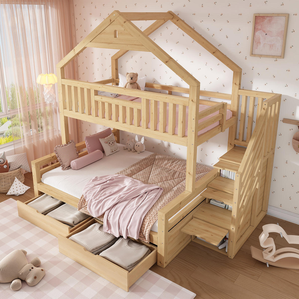 ETAGENBETT 90/140/200 cm mit Treppe und Schubladen, DE-41559, in Eichefarben - Eichefarben, Holzwerkstoff (140/200cm) - ComfortXL