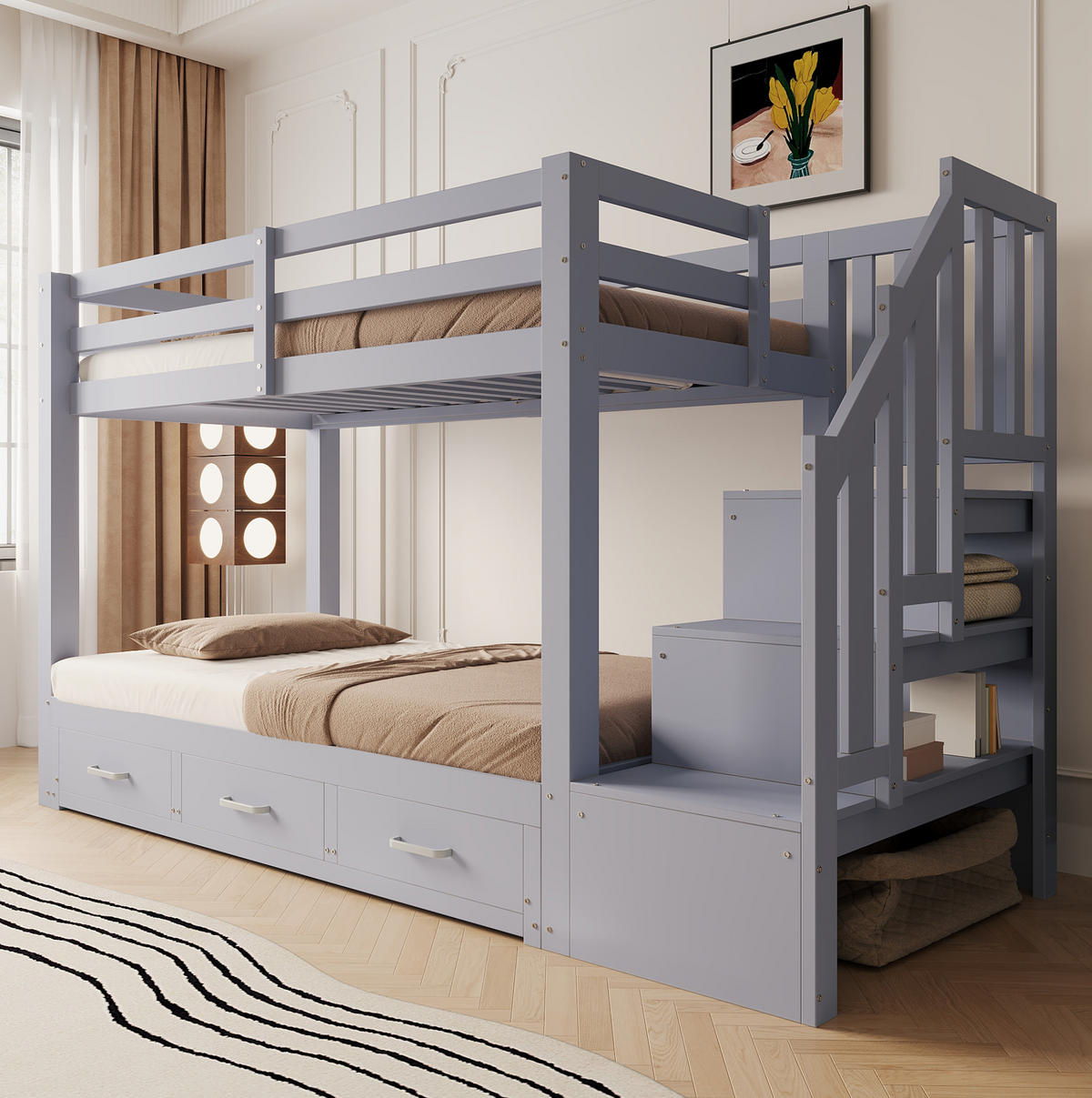 ETAGENBETT 90/200 cm aus Kiefernholz und MDF mit Ausziehbett und Stauraumleiter Grau - Grau, Holz (90/200cm) - Modenvie