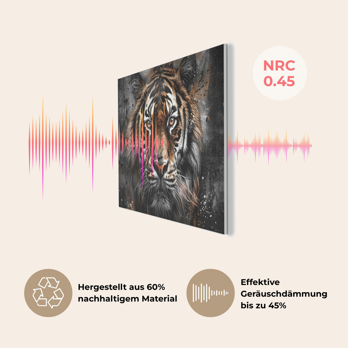 AKUSTIKPANEEL Tiger - Tiere - Porträt - Luxus - Schwarz 80x60 cm - Braun, Textil (80/0.9/60cm) - MuchoWow
