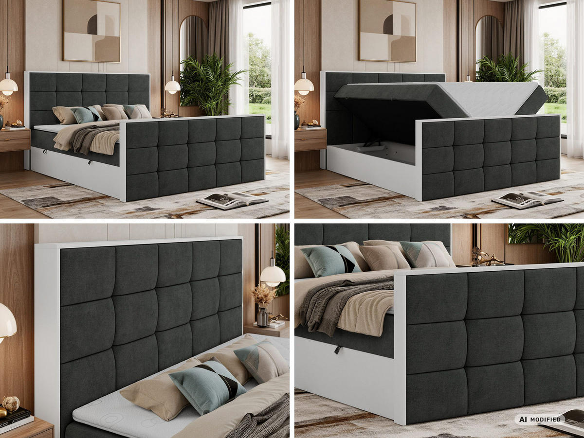 BOXBETT ALVIT DUO 160/200 - Dunkelgrau Stukture - Topper Visco - H4 - Dunkelgrau/Schwarz, Kunststoff/Textil (160/200cm) - MKS