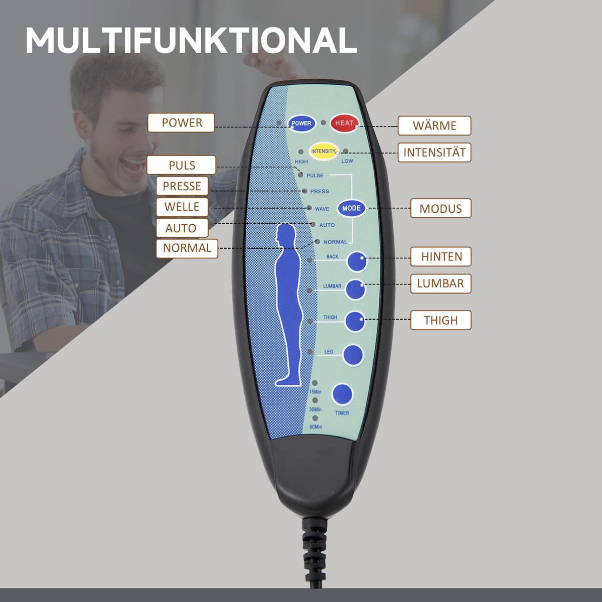 BÜROSTUHL Massagesessel Heizfunktion Liegefunktion Fußstütze Grau - Grau, Textil (67/113/62cm) - Vinsetto
