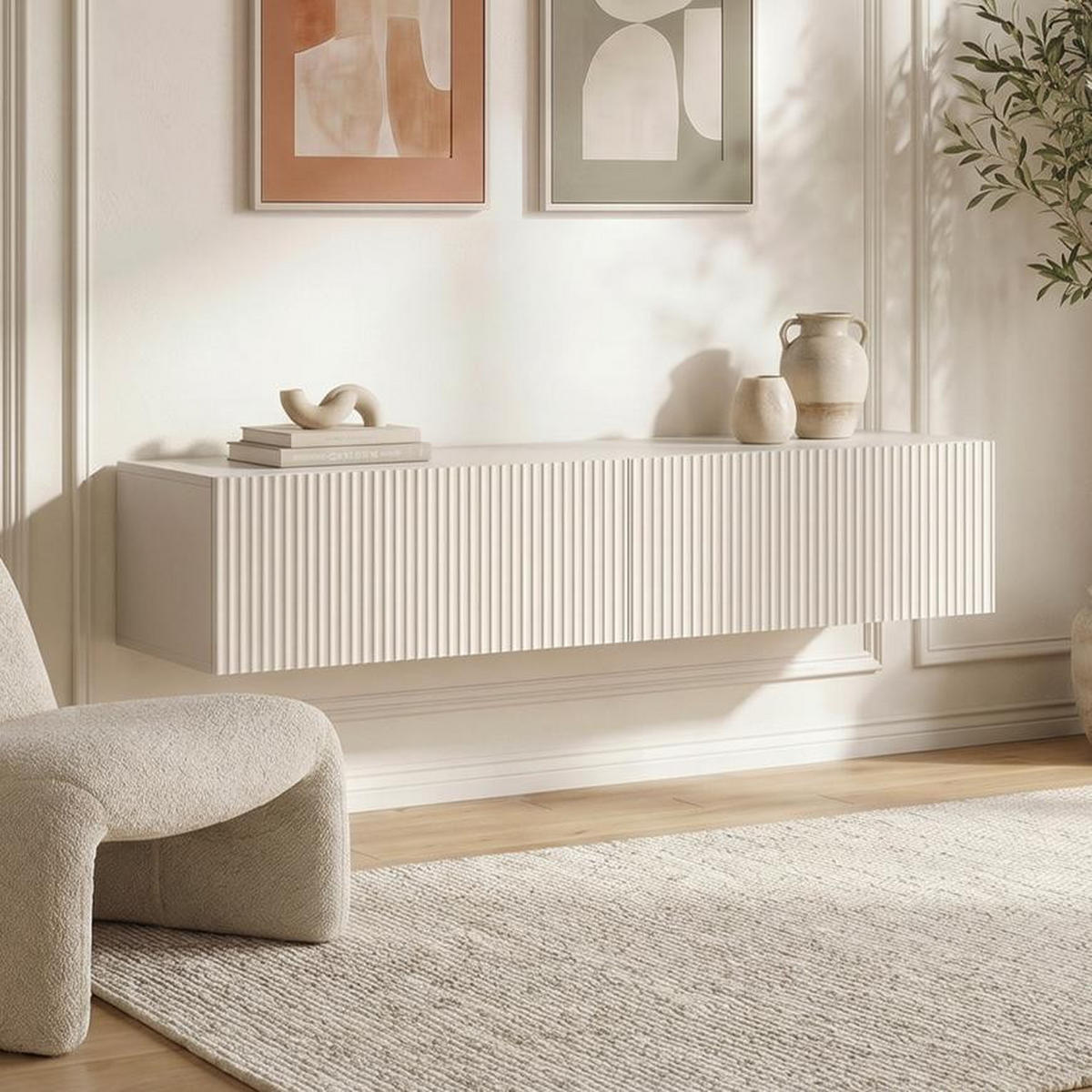 TV-MÖBEL 160 cm beiges, wandmontiertes mit Lattenrost - LEYA - Beige, Holzwerkstoff (160/29/32cm) - Sicaan