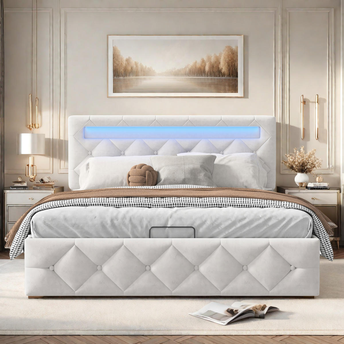 POLSTERBETT 160x200 cm LED USB Stauraum Lattenrost beige - Beige, Holz (160/200cm) - LEBENLANG