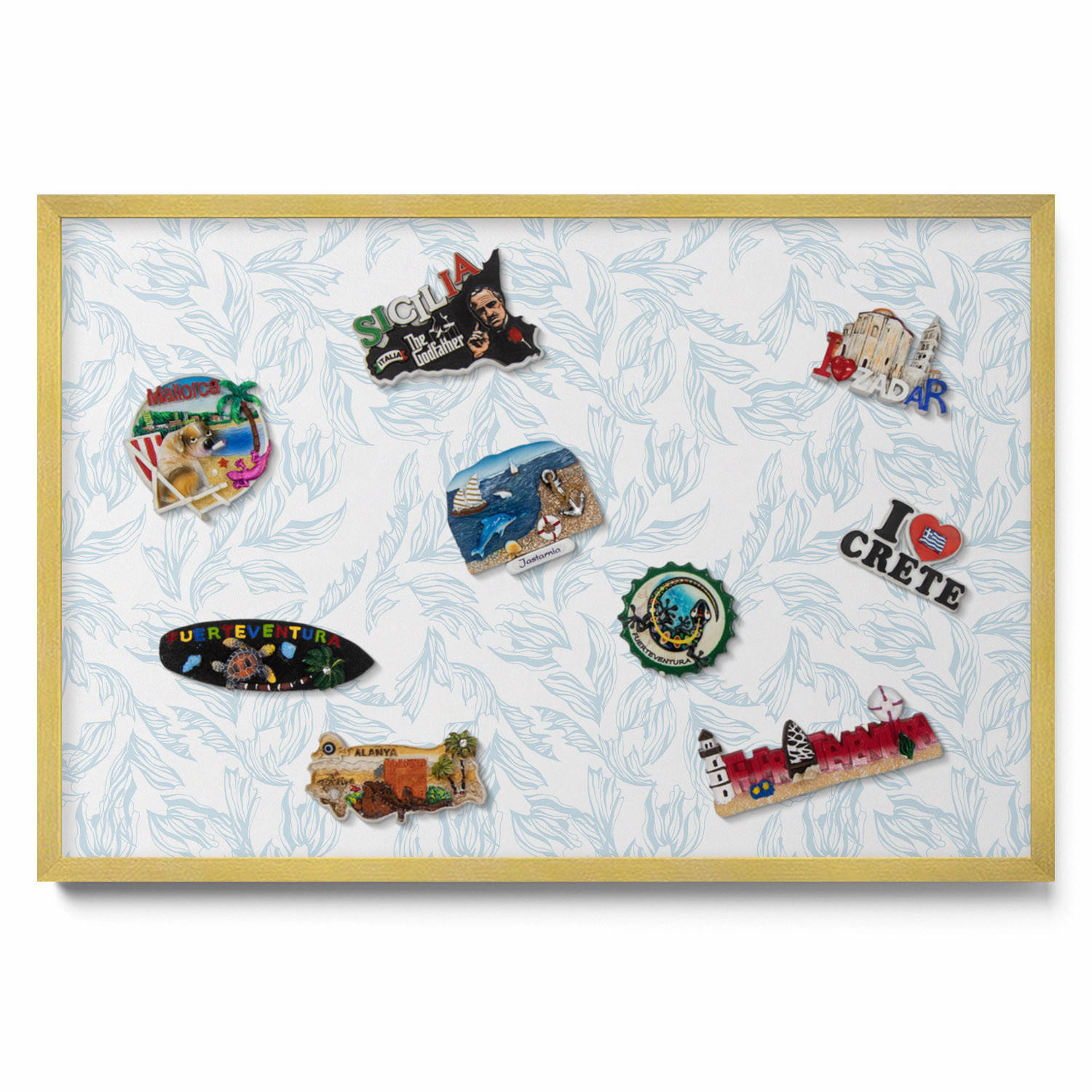 MAGNETTAFEL 60x40 cm Goldener Rahmen Regelmäßiges Blattmuster - Blaugrau, Metall (60/50/0.4cm) - TULUP