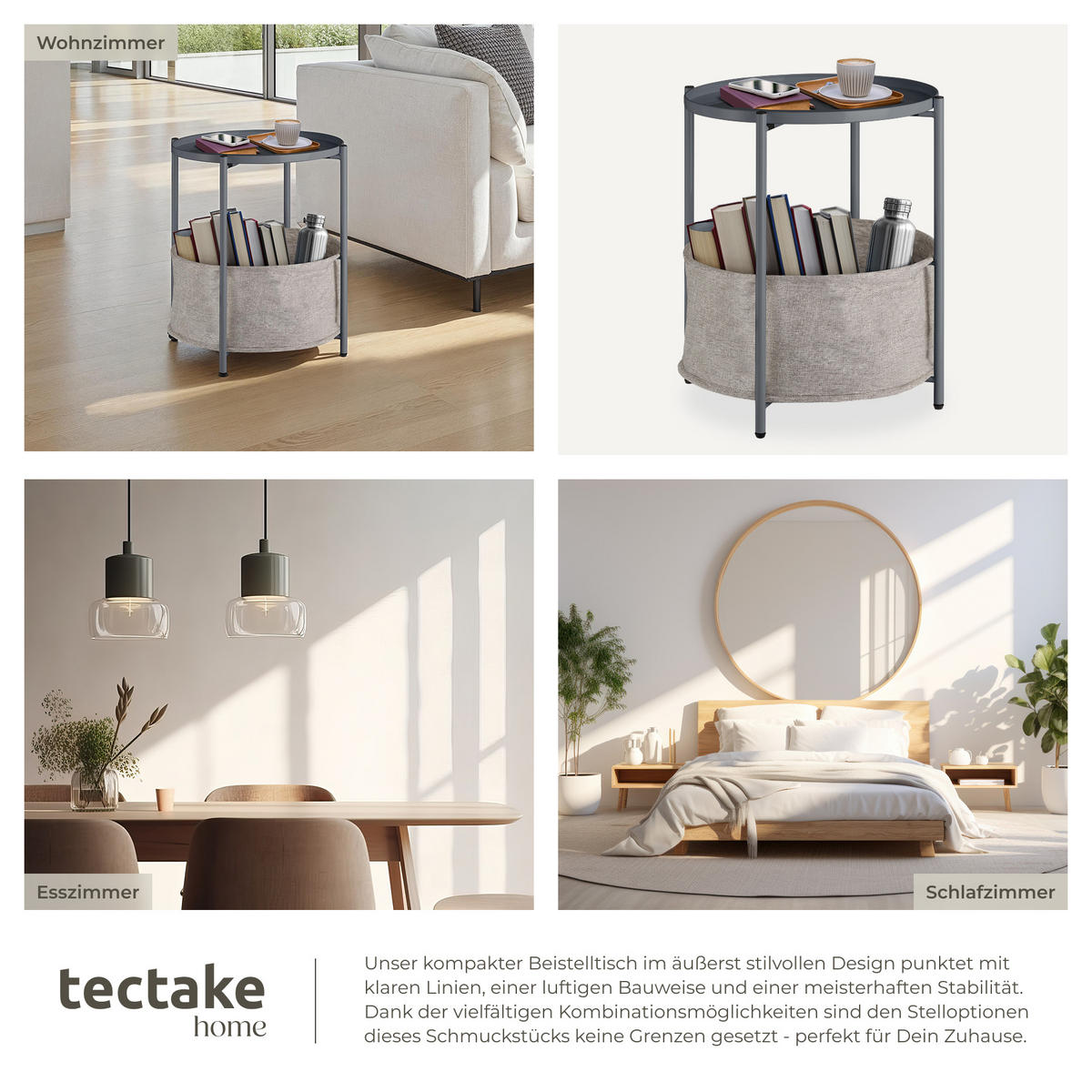 BEISTELLTISCH Canterbury,45,5 x 45,5 x 53 cm,dunkelgrau - Dunkelgrau, Textil (45.5/45.5/53cm) - tectake