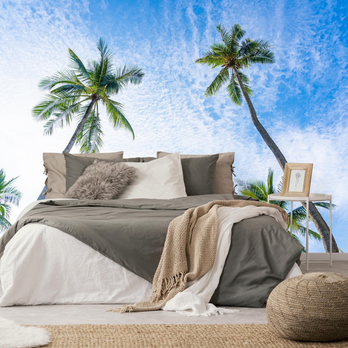 FOTOTAPETE für Badezimmer Palmen Kokos Himmel Untenblick 200x140 - Blau/Weiß, Papier (200/140cm) - Muralo