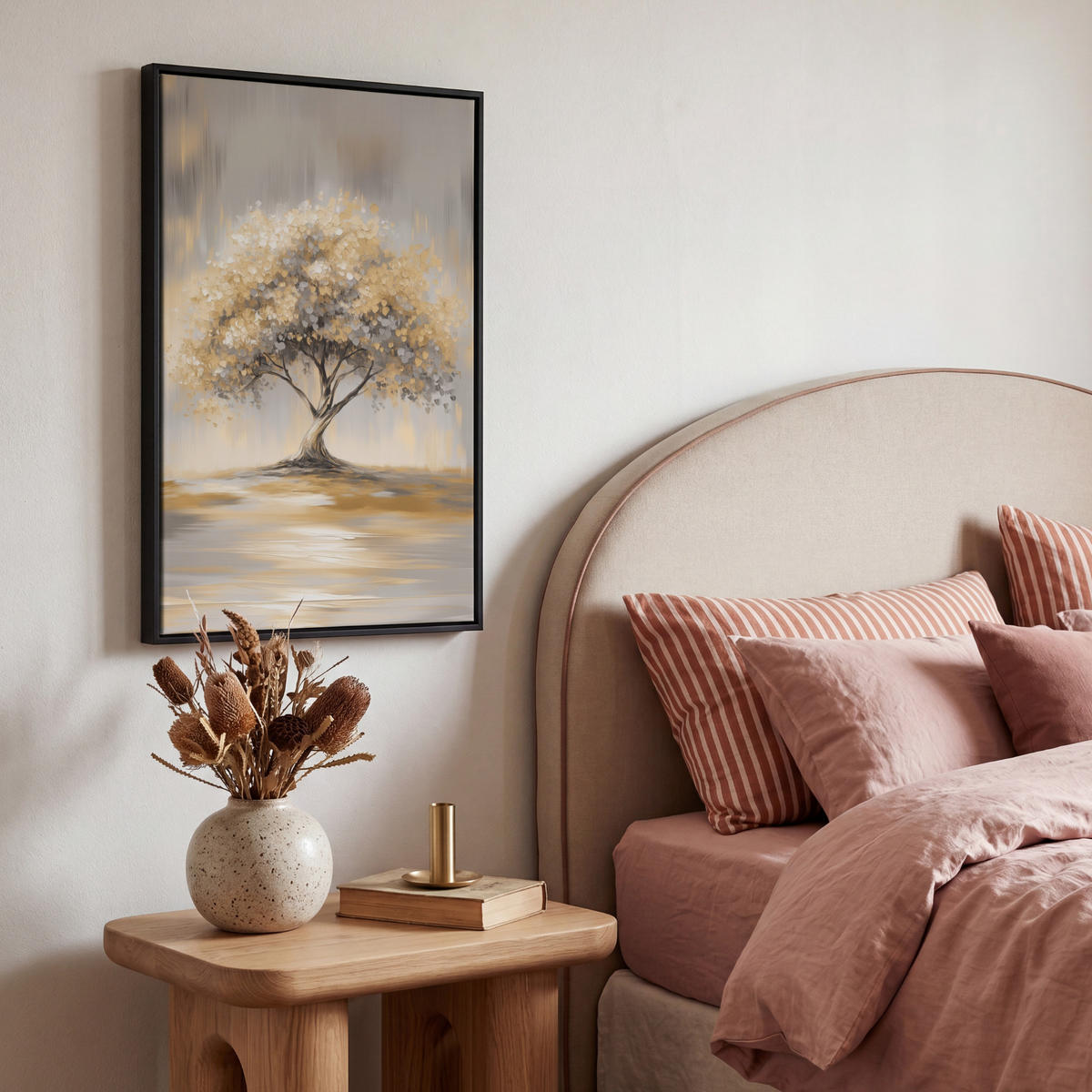 LEINWAND Bilder mit Rahmen - Gemälde - Baum - Abstrakt - Blätter - 40x60 - Beige, Textil (40/60cm) - MuchoWow