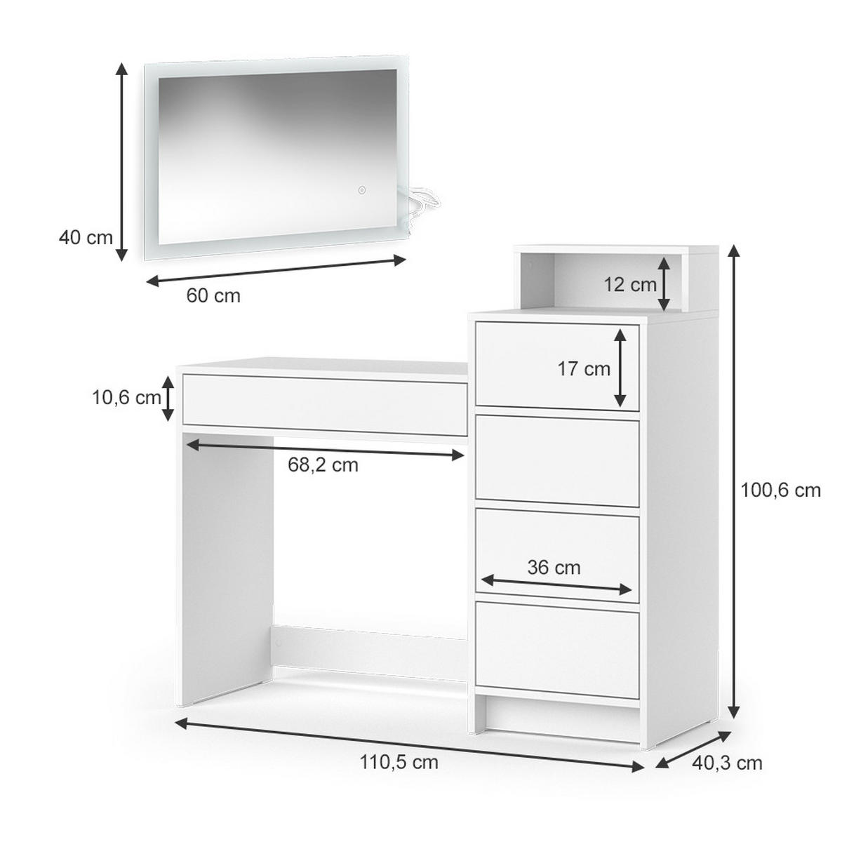 SCHMINKTISCH Naara Weiß 110.5 cm mit LED-Spiegel - Weiß, Holzwerkstoff (110.5/100.6/40.3cm) - Vicco