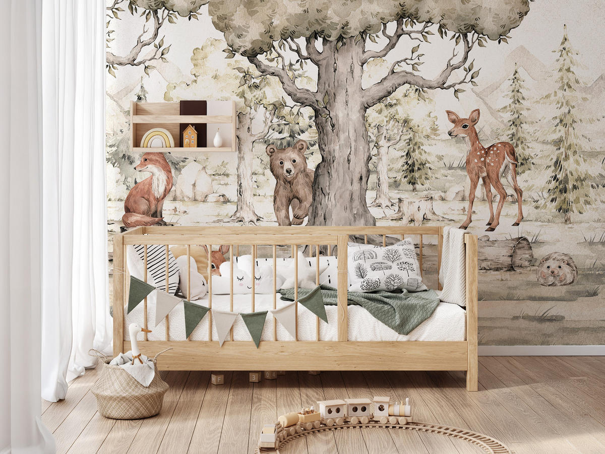 FOTOTAPETE für Kinderzimmer Waldtiere Aquarell Bär Fuchs Reh Bäume 300x210 - Beige/Orange, Papier (300/210cm) - Muralo