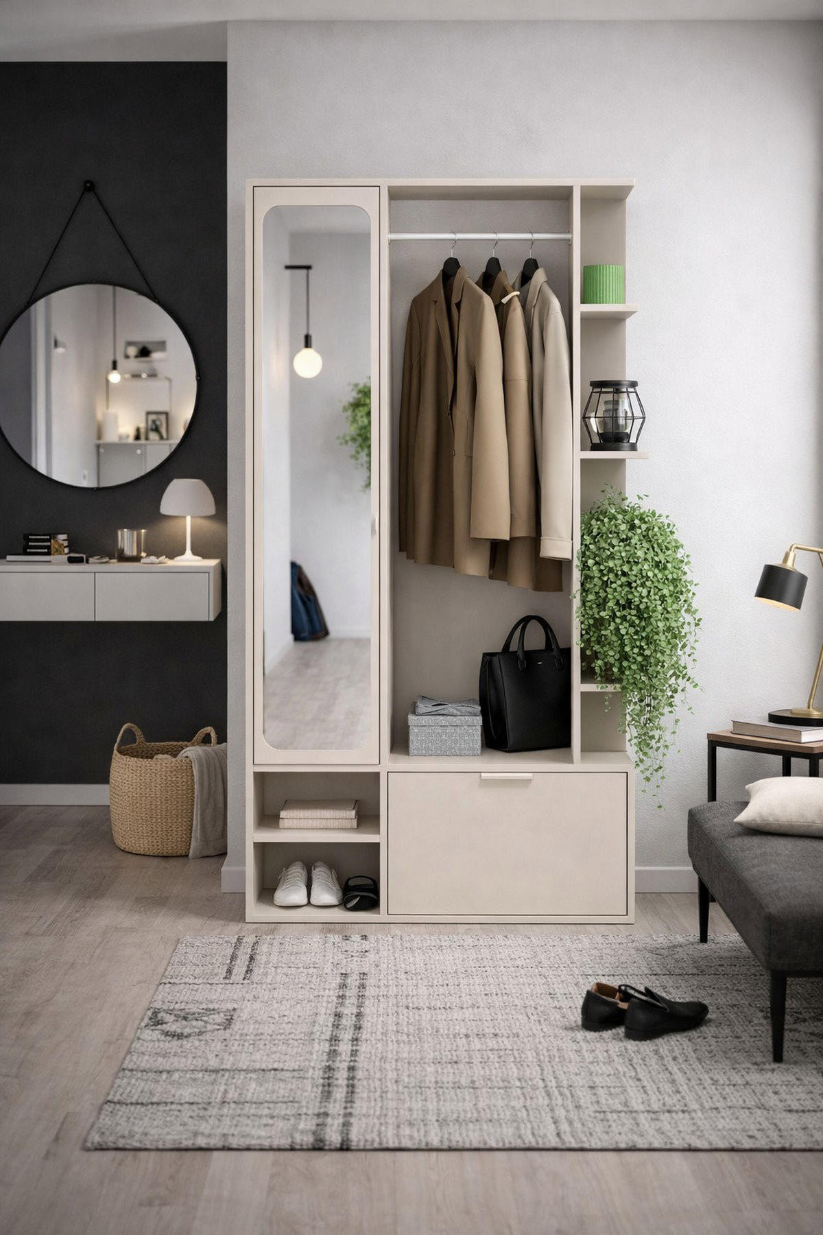 GARDEROBE Mela mit Spiegel, Sitzbank & Kleiderstange – 100/189/33 cm – Kaschmir - Kaschmir/Beige, Holzwerkstoff/Metall (100/189.4/33cm) - WFL GROUP