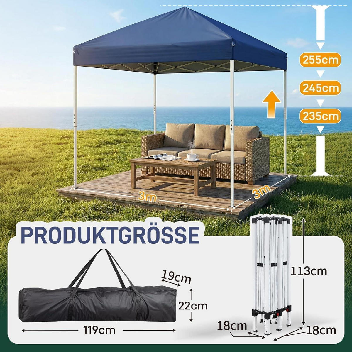 FALTPAVILLON 3x3 m mit Moskitonetzen Blau - Blau, Textil (300/245/300cm)