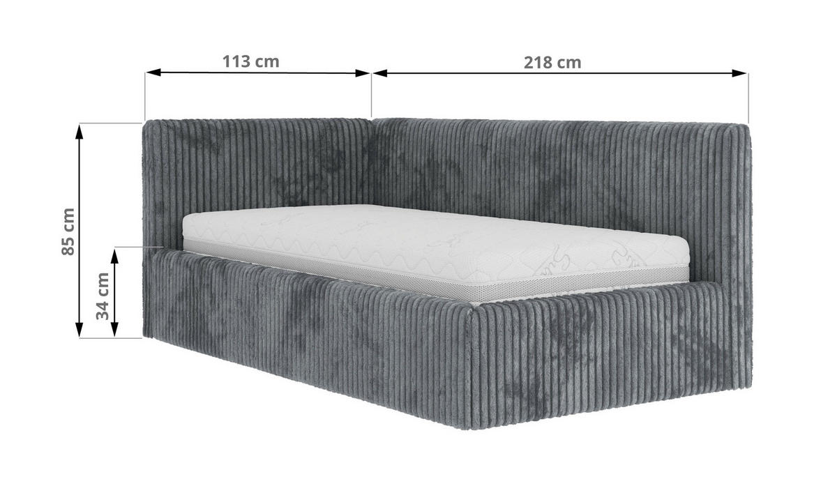 POLSTERBETT TILVO 90/200 - Grau Cord - Ohne Matratze - Rechts - Grau, Textil (200/90cm) - MKS