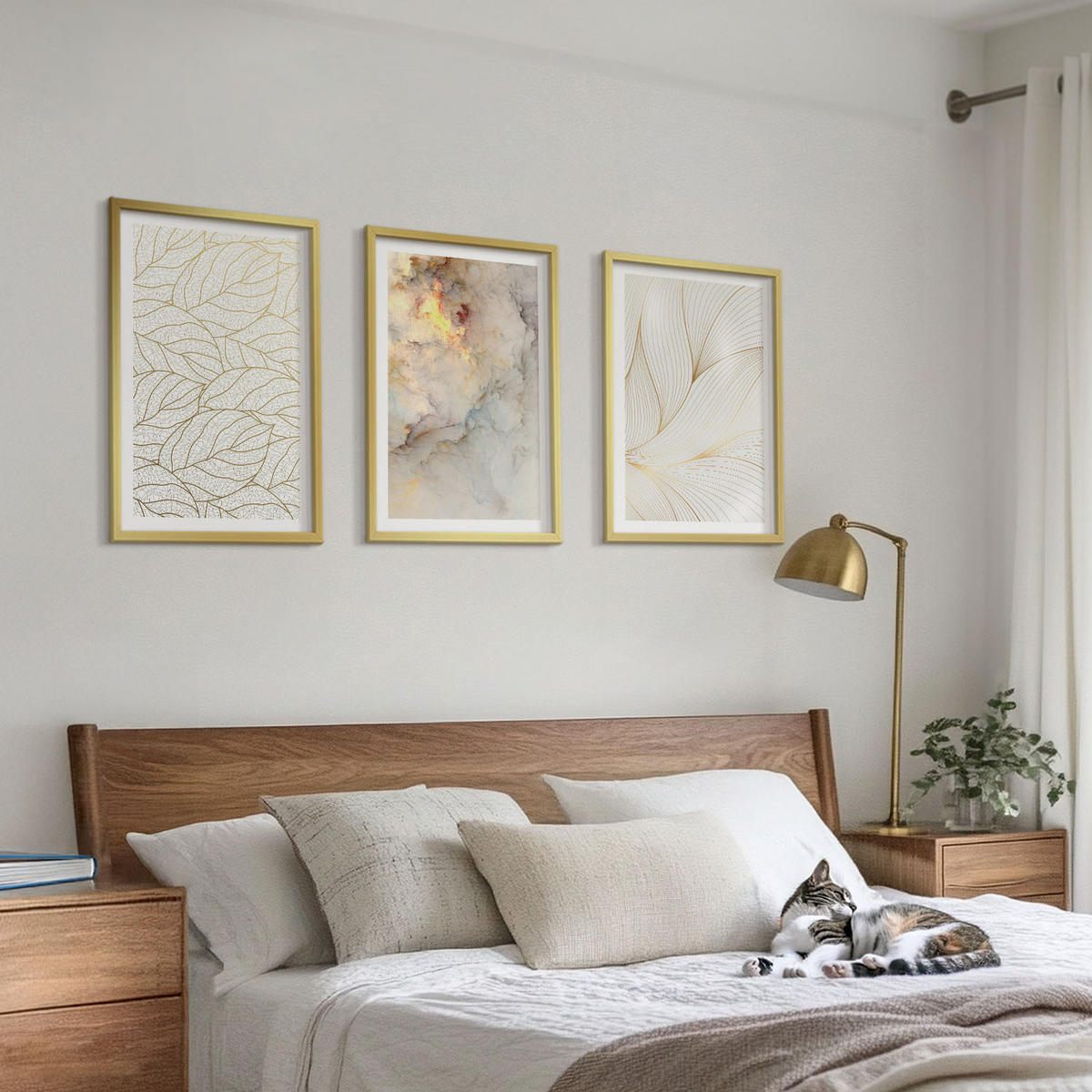WANDBILDER 3er Set - 40x60 cm Goldrahmen - Blättermuster Marmor abstrakt - Goldfarben, Kunststoff (40/60cm) - ArtPrintCave
